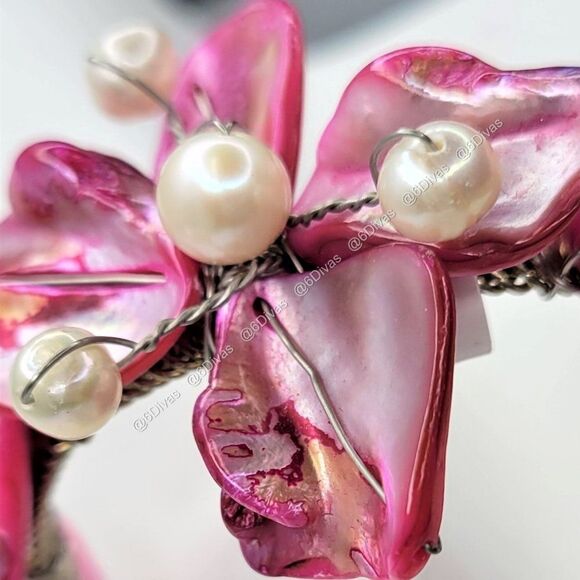 PINK Sea Shell With Simulated Pearl Beads Cuff Bracelet - Adjustable - Picture 7 of 10